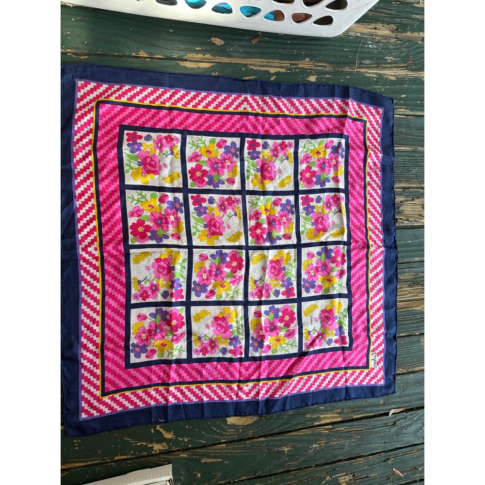 Vintage Echo Silk Scarf Floral Grid Chevron Border Navy Pink Square Hand Rolled
